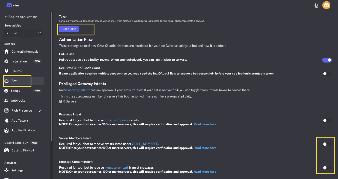 Privileged Intent Settings