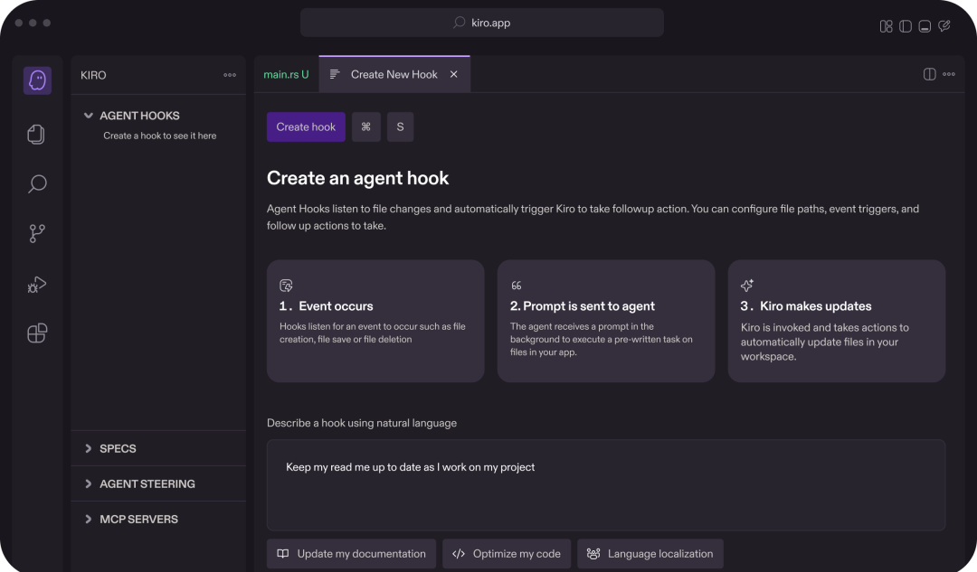 Kiro IDE showing agent hooks interface